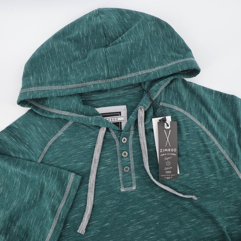 NEW Zimego Space Dye Henley Hoodie Green Short Sleeve Mens Large